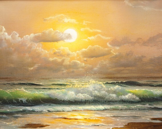 Oil painting on canvas - sailboat at sea sunset